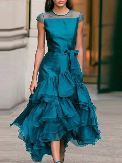 Cap Sleeve Mesh Neck Satin Wrap Dress Multi-Layer Ruffle Asymmetrical Hem