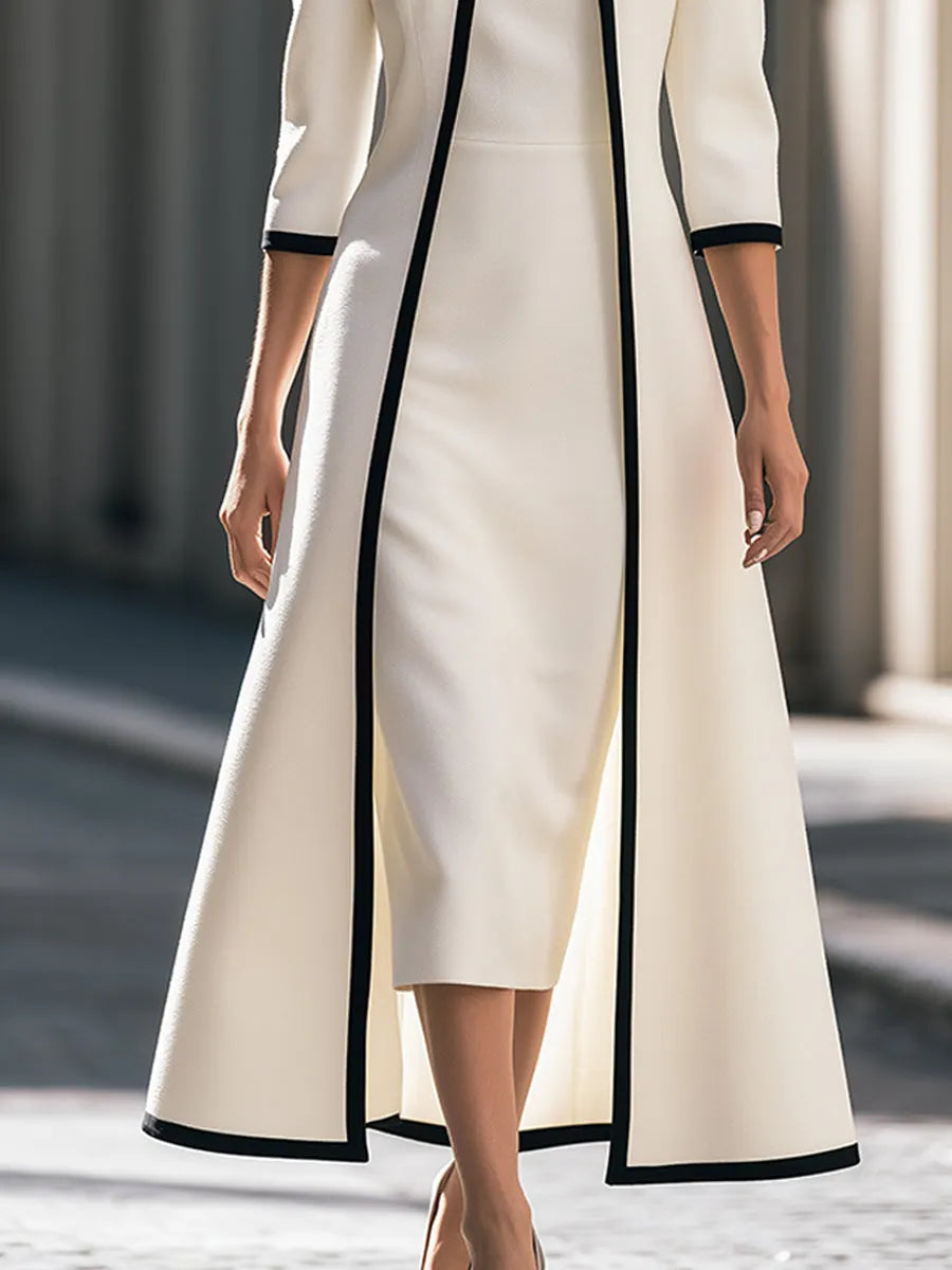 Contrast Trim Coat And Midi Dress Set