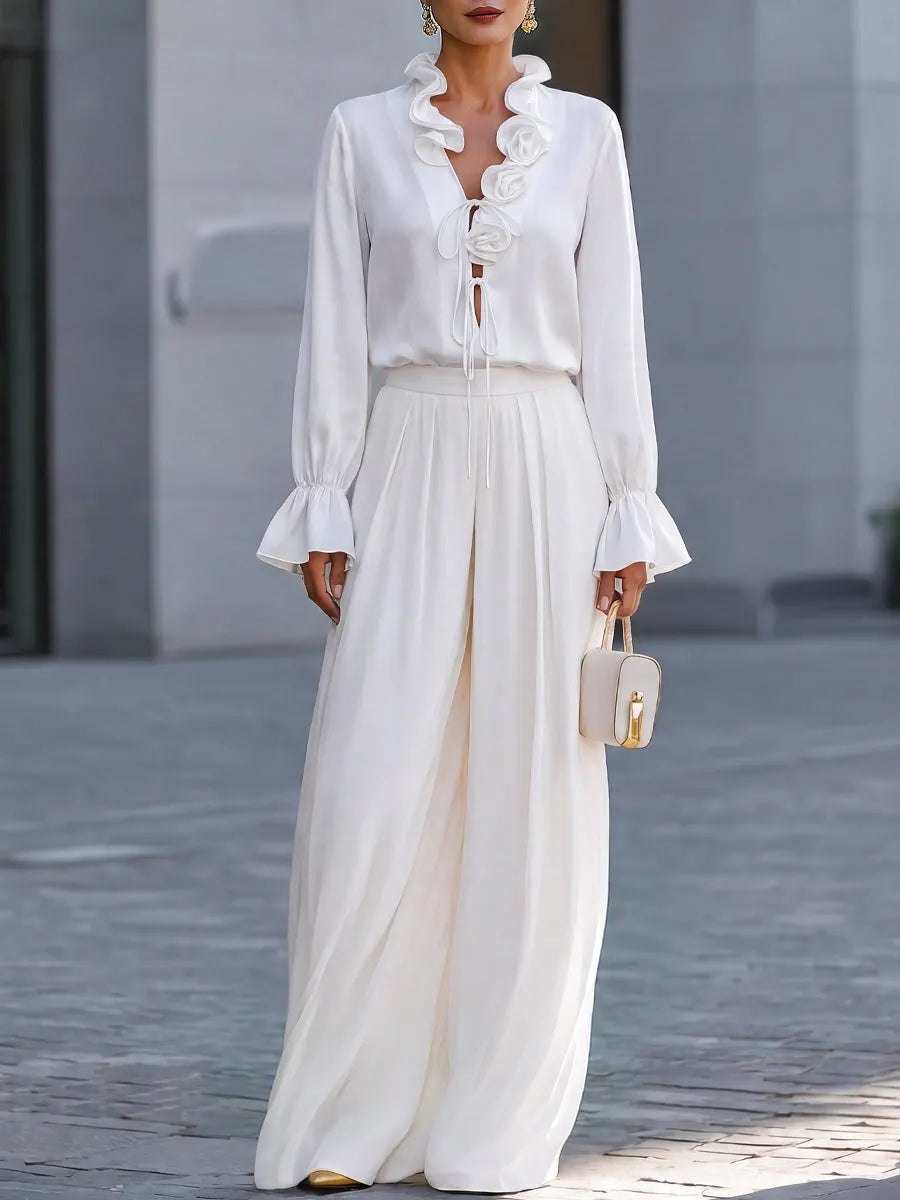 Ruffle Tie-Neck Blouse Wide-Leg  Trousers Two-Piece Set