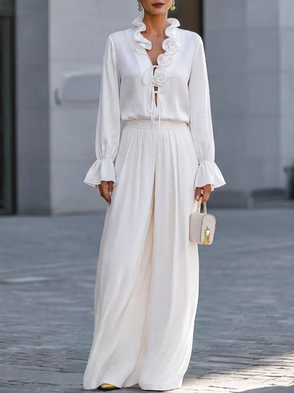Ruffle Tie-Neck Blouse Wide-Leg  Trousers Two-Piece Set