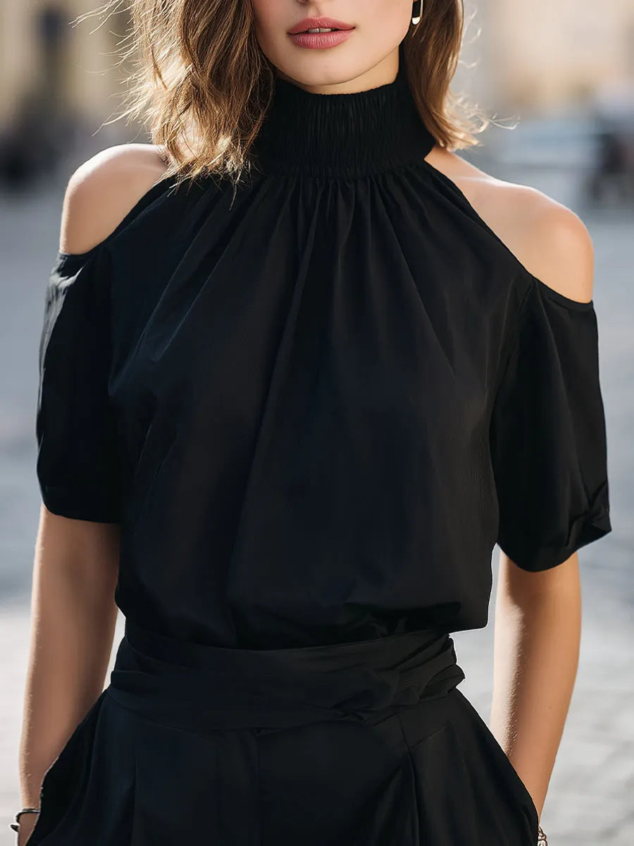 Cold-Shoulder Smocked Mock Neck Blouse