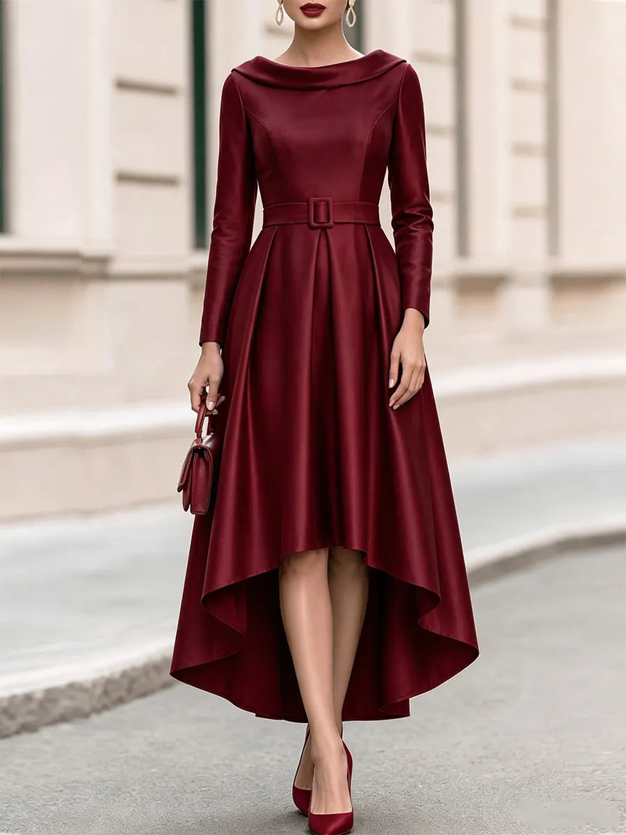 Fold Over Collar Long Sleeve Belted High Low Midi Swing Dress