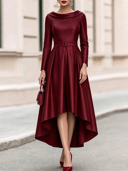 Fold Over Collar Long Sleeve Belted High Low Midi Swing Dress