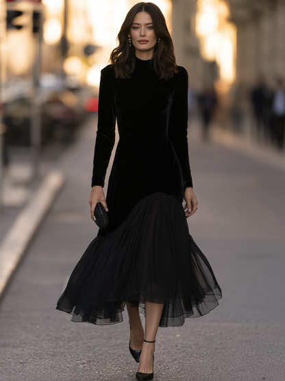 Mock-Neck Sheer Godet Hem Velvet Trumpet Maxi Dress