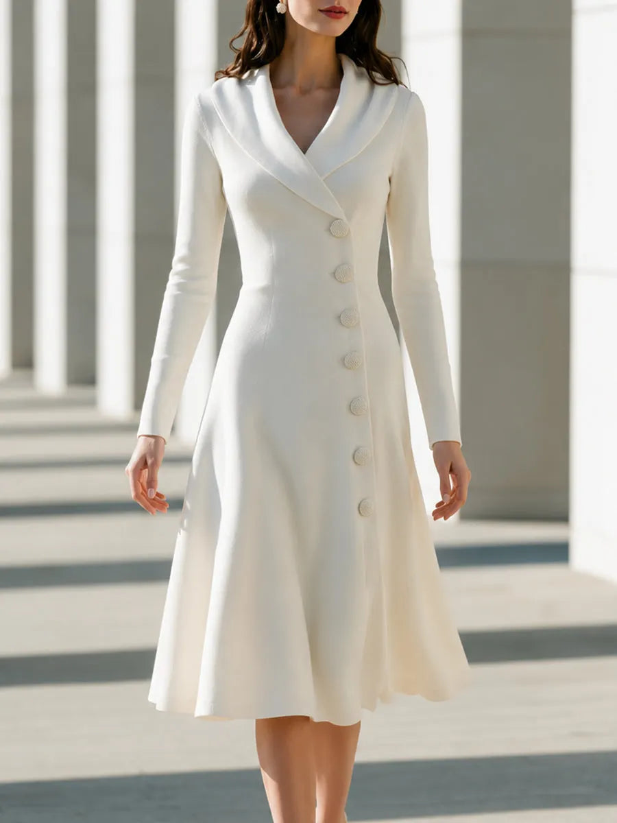 Shawl-Collar Button-Front A-Line Midi Dress