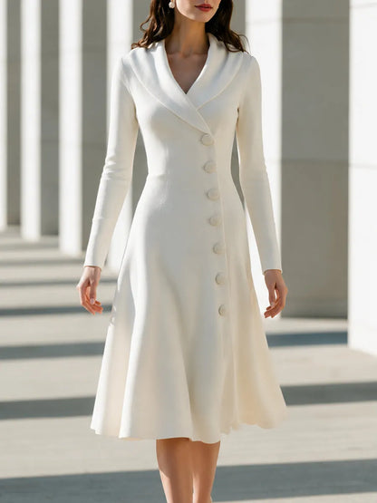 Shawl-Collar Button-Front A-Line Midi Dress