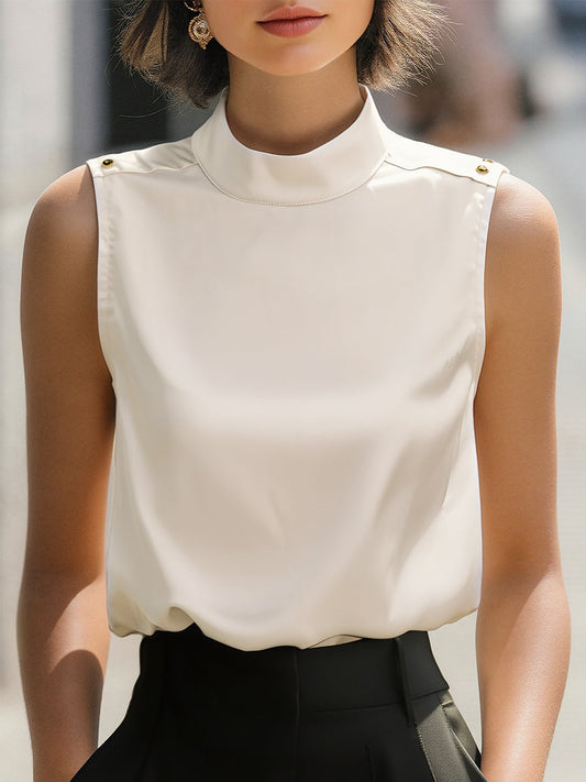 Blusa de Cetim Elegante Marfim Gola Alta Sem Mangas