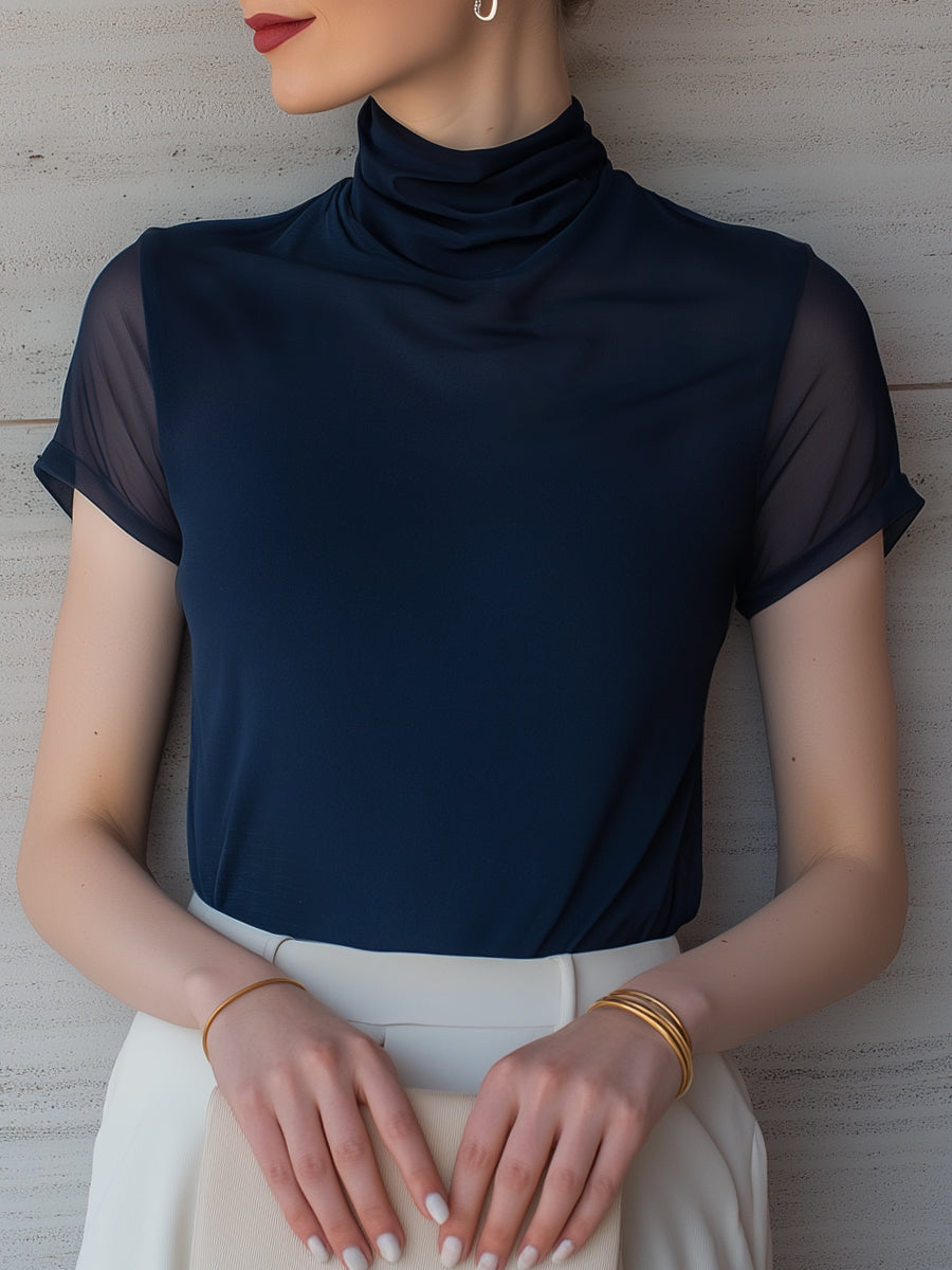 Contrast Sheer Sleeve Mock Neck Top
