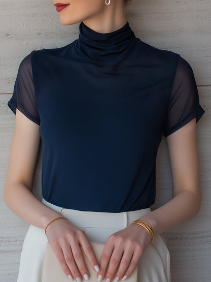 Contrast Sheer Sleeve Mock Neck Top