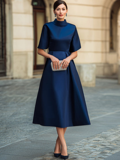 Mock Neck Short Sleeve Glossy Satin Tailored Waist Full A-Line Midi Dress