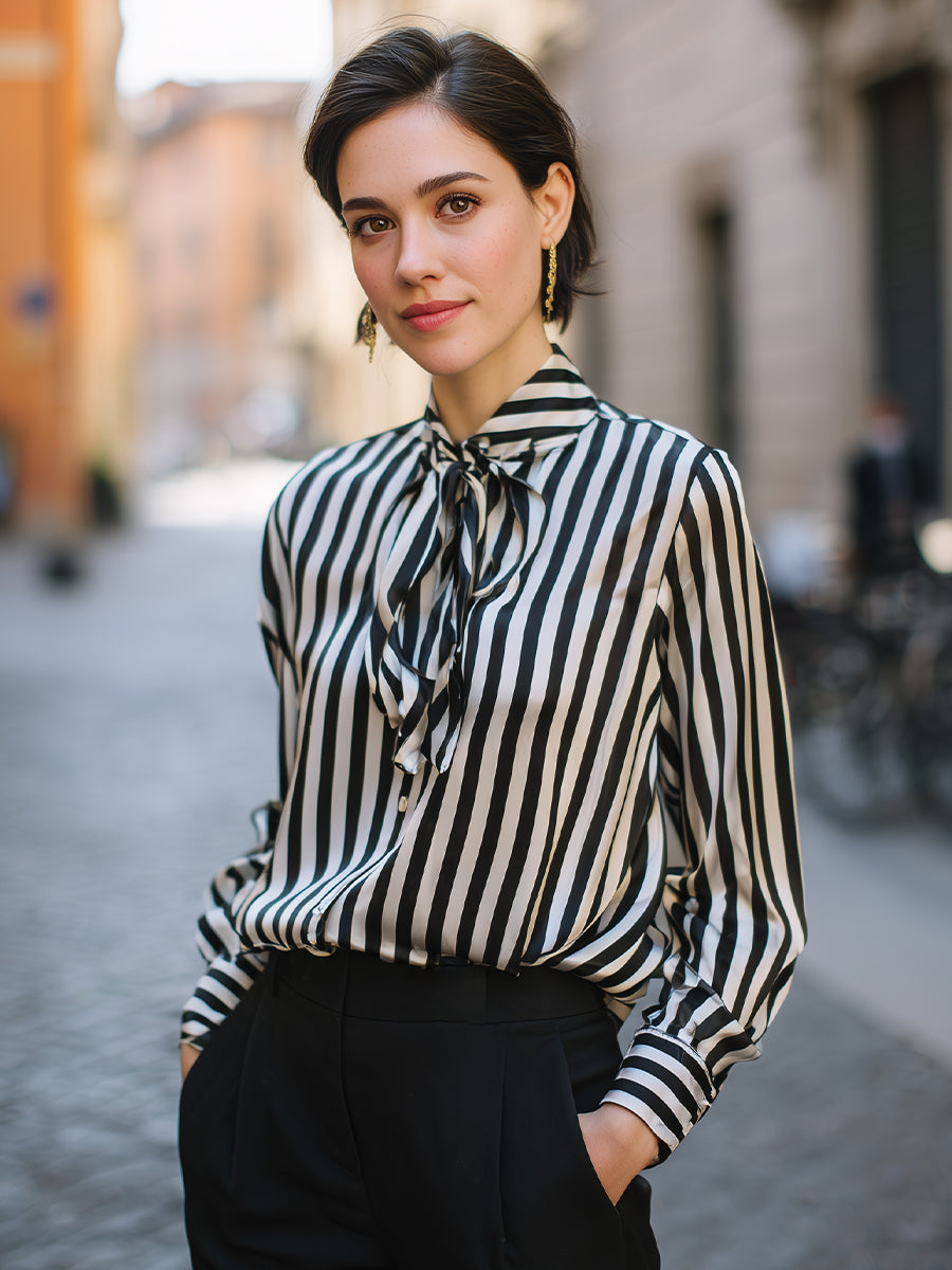 Tie-Neck Vertical Stripe Long Sleeve Blouse