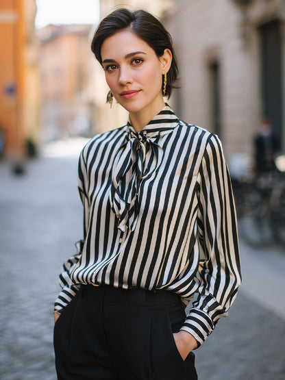 Tie-Neck Vertical Stripe Long Sleeve Blouse