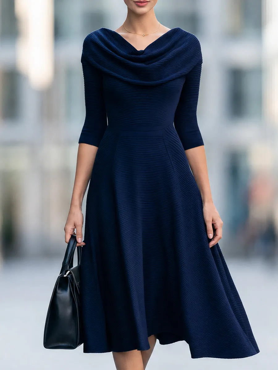 Navy Cowl Neck Ribbed Knit Midi Dress