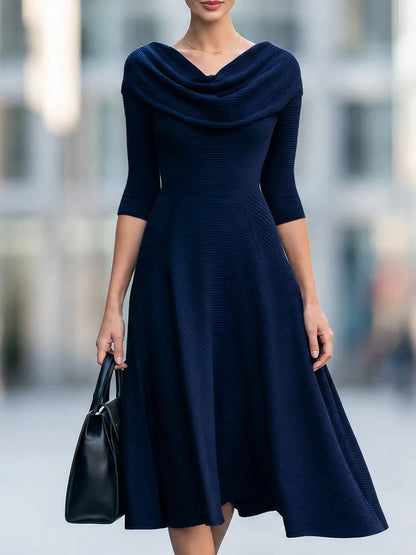 Navy Cowl Neck Ribbed Knit Midi Dress