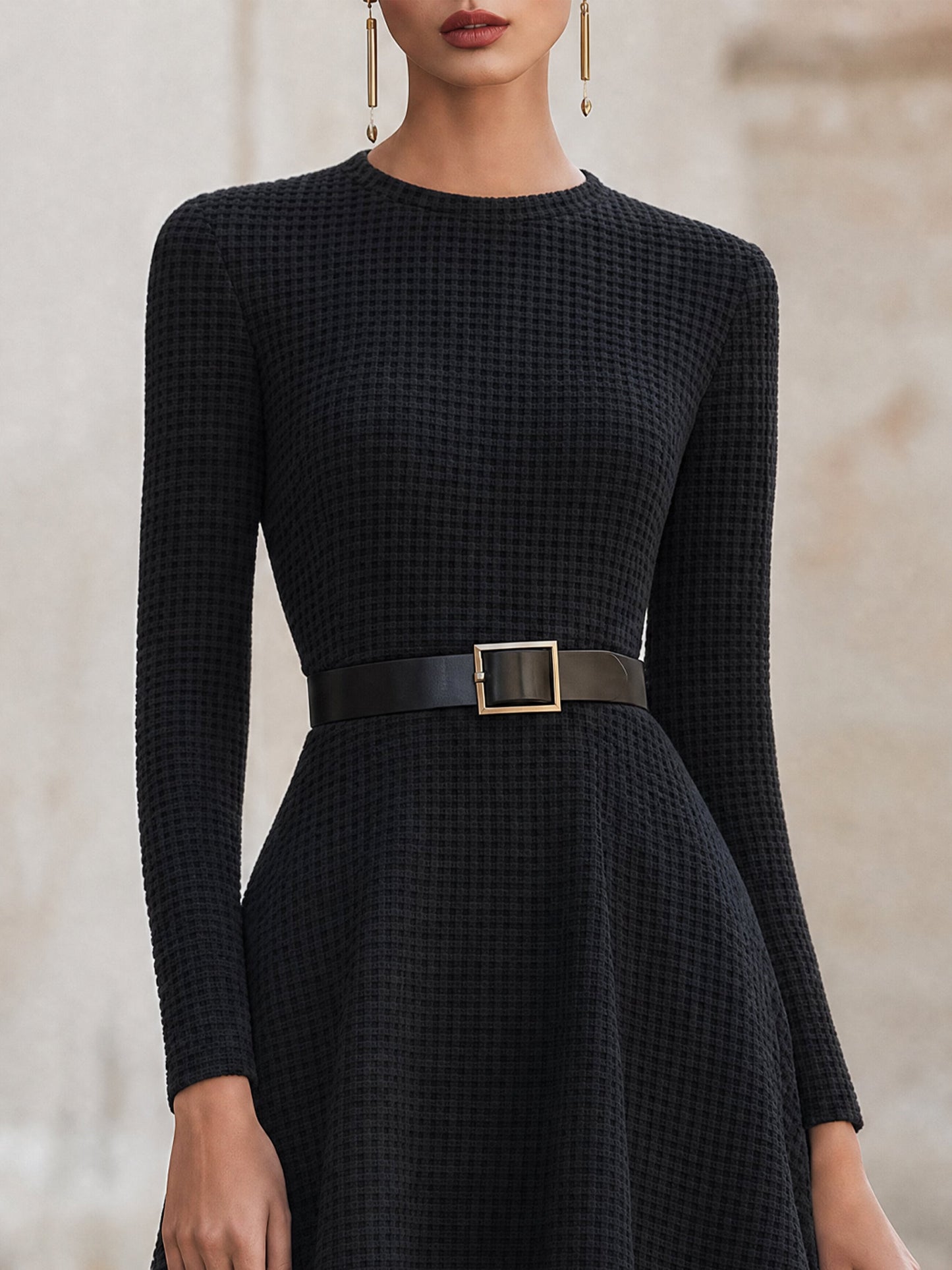 Waffle Knit Belted Flare Midi Dress