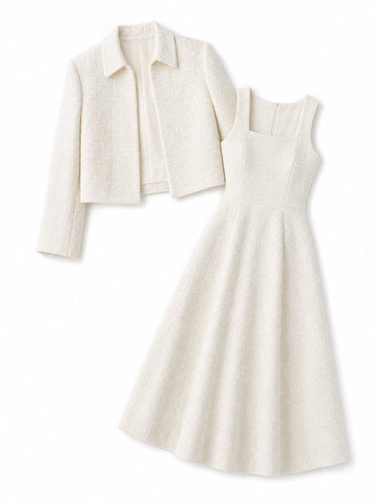 Tweed Cropped Jacket & Square‐Neck Midi Dress Two‐Piece Set