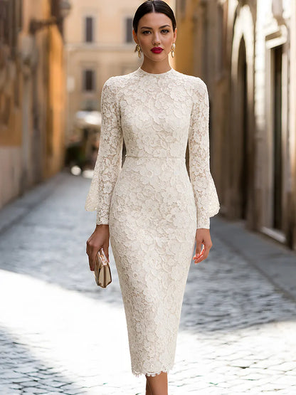 Ivory Floral Lace Long Sleeve Midi Dress