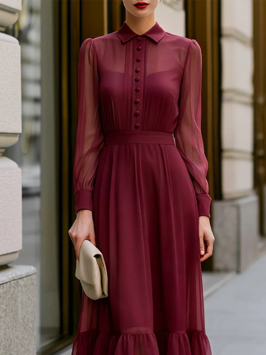 Button-Front Chiffon Layered Ruffle Midi Dress