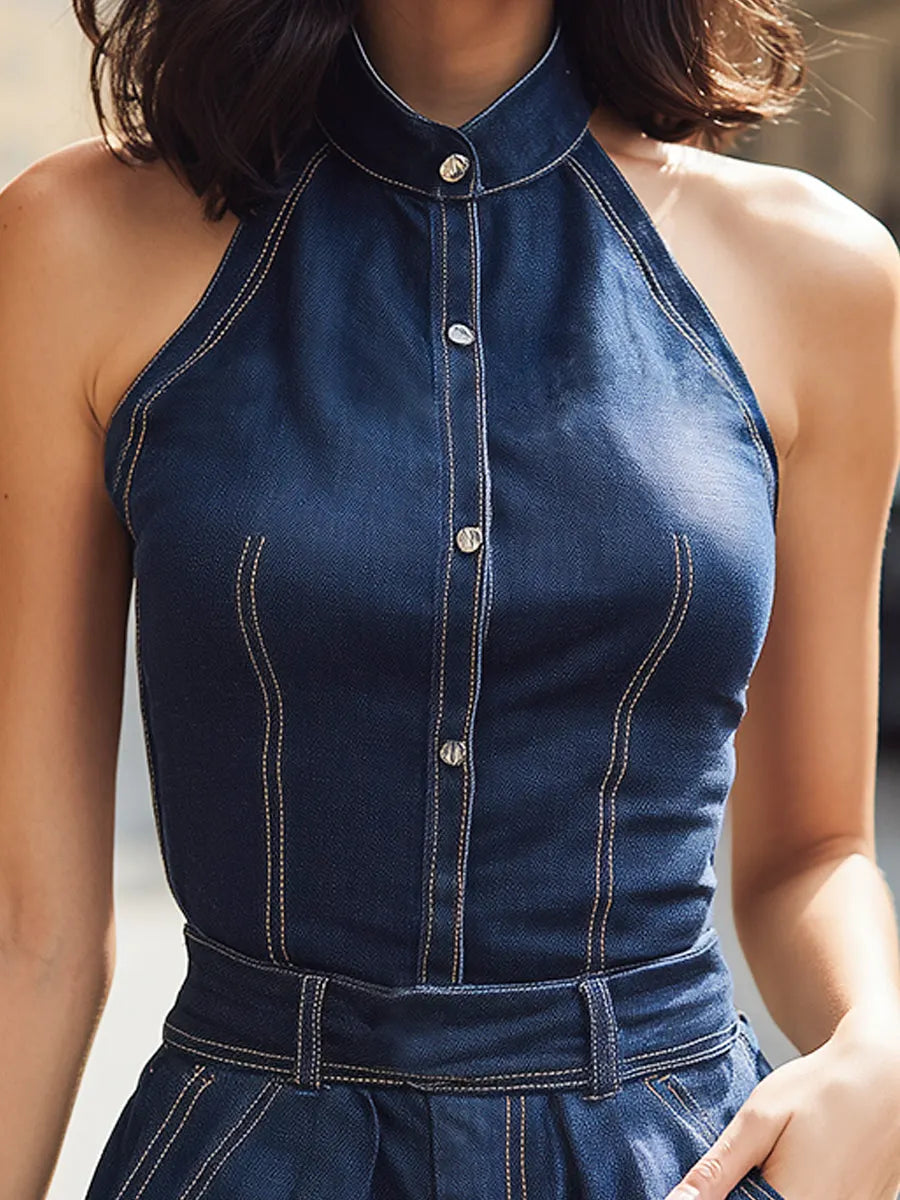 Denim Halter Neck Button-Front Tailored Romper