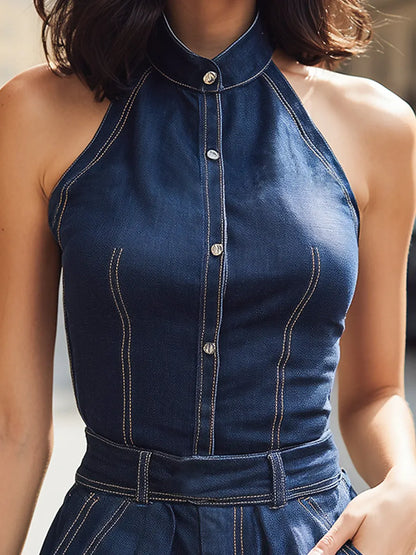 Denim Halter Neck Button-Front Tailored Romper