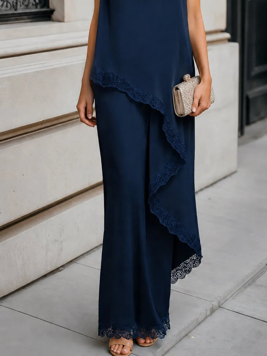 Two-piece Set Acetate Satin Lace-Trim Blouse And Maxi Skirt