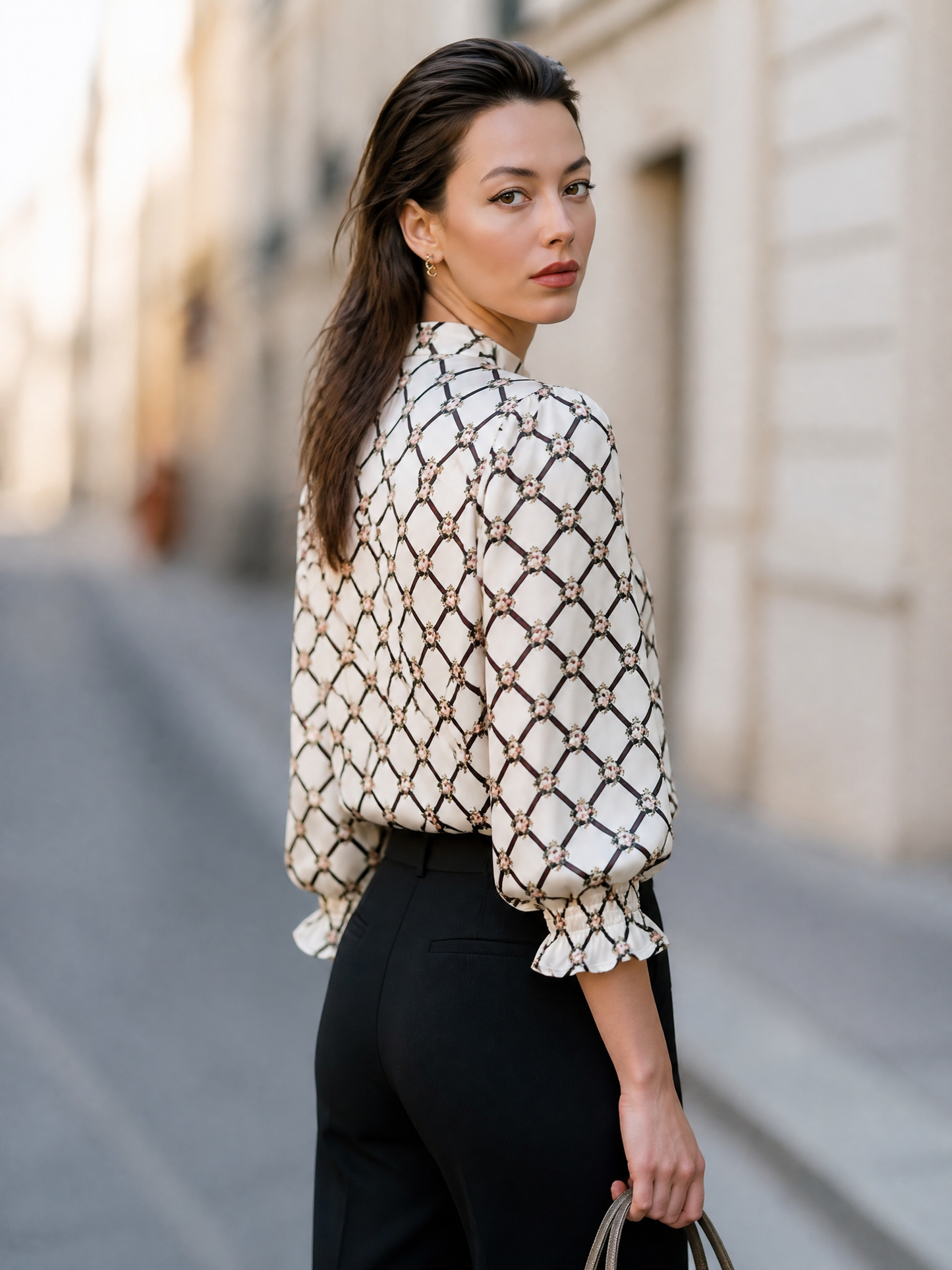 Geometric Floral Print Satin Blouse