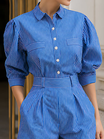 Striped Puff-Sleeve Shirt And Tailored Shorts Set