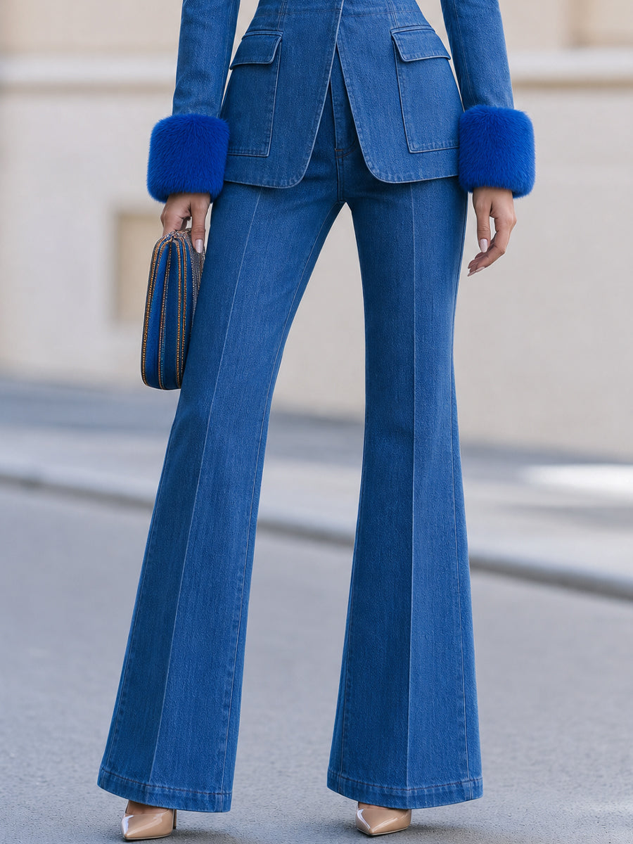 Faux Fur Cuff Blazer & High Waist Flare Jeans Two-Piece Suit