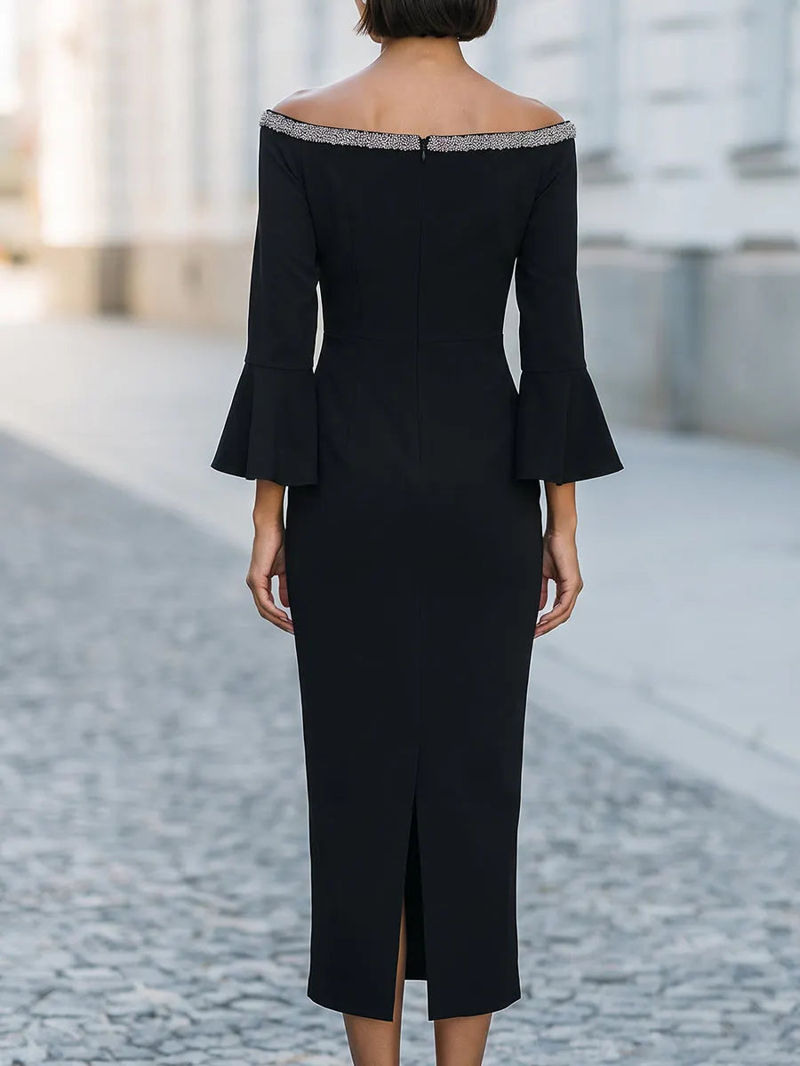 Crystal-Trim Off-Shoulder Bell-Sleeve Midi Dress