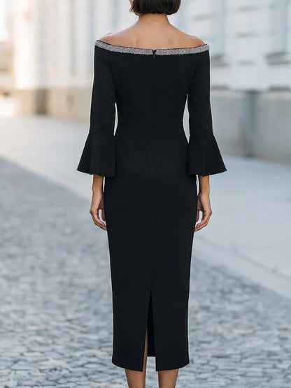 Crystal-Trim Off-Shoulder Bell-Sleeve Midi Dress