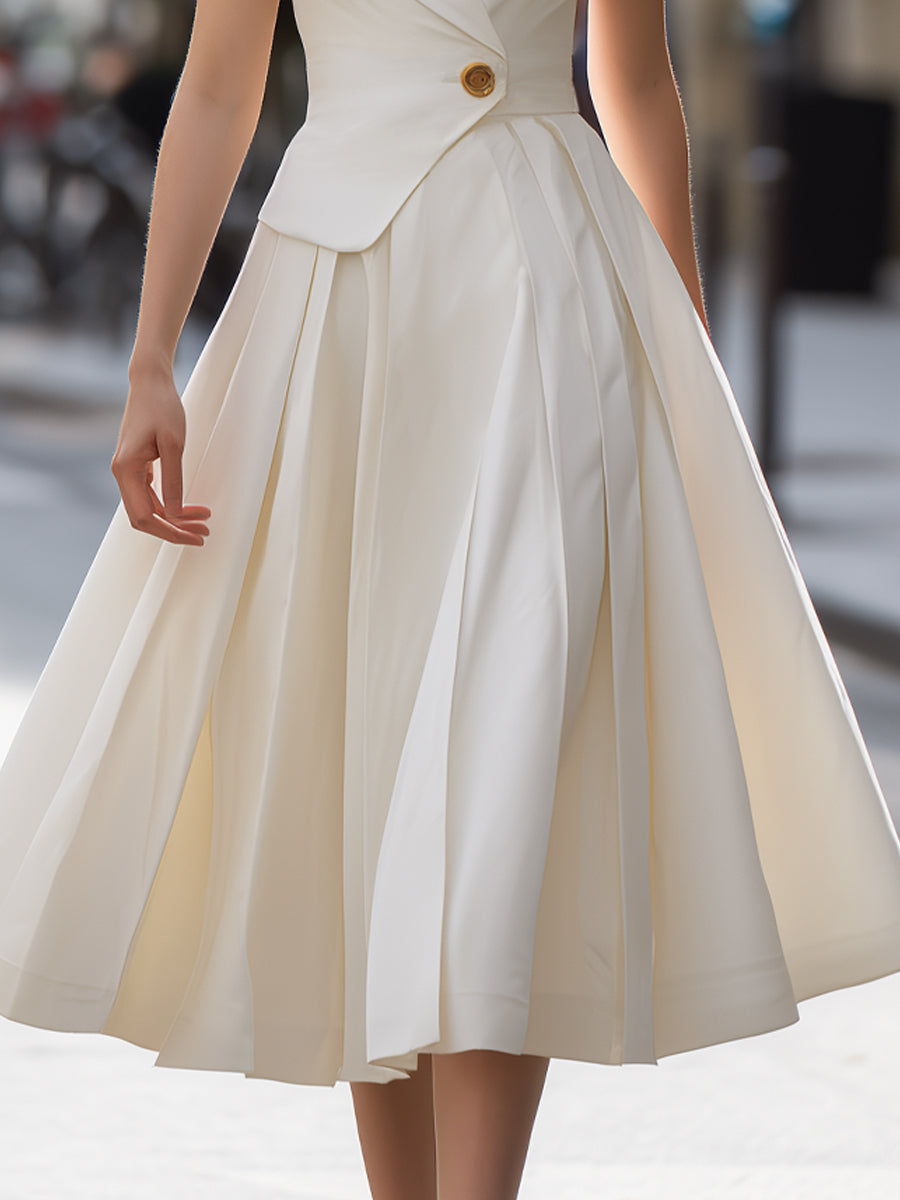Tailored Wrap-Bodice Pleated Midi Dress