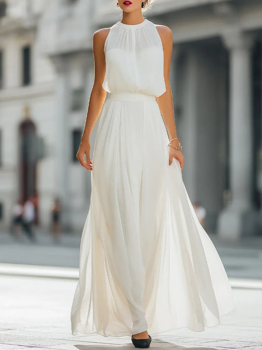 Pleated Halter Neck Maxi Dress with Flowing Skirt