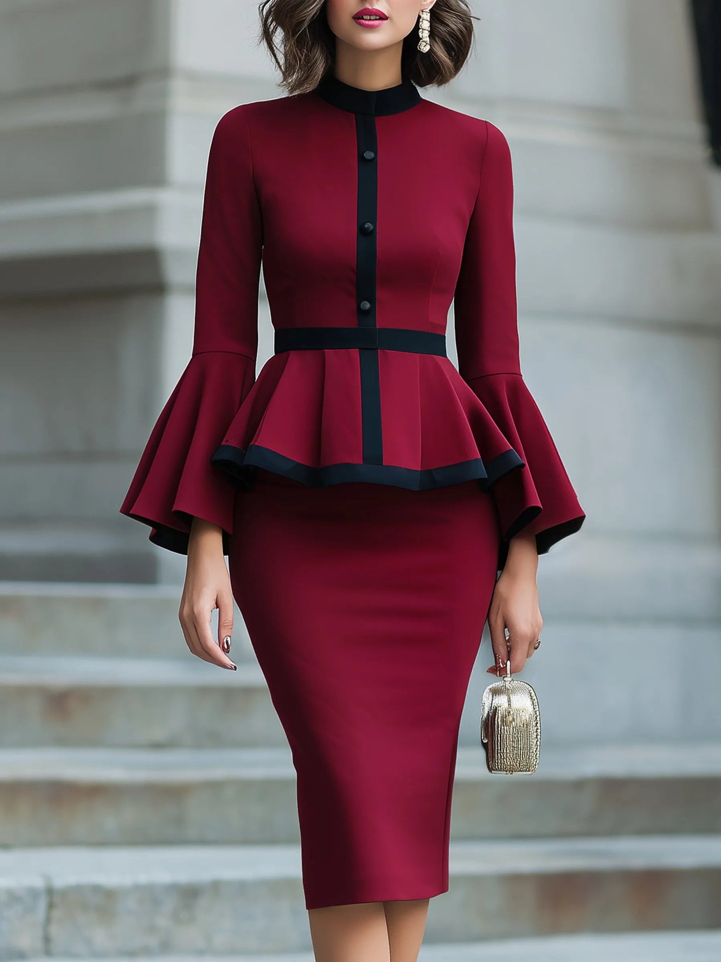 Bell-Sleeve Peplum Pencil Midi Dress