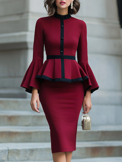 Bell-Sleeve Peplum Pencil Midi Dress