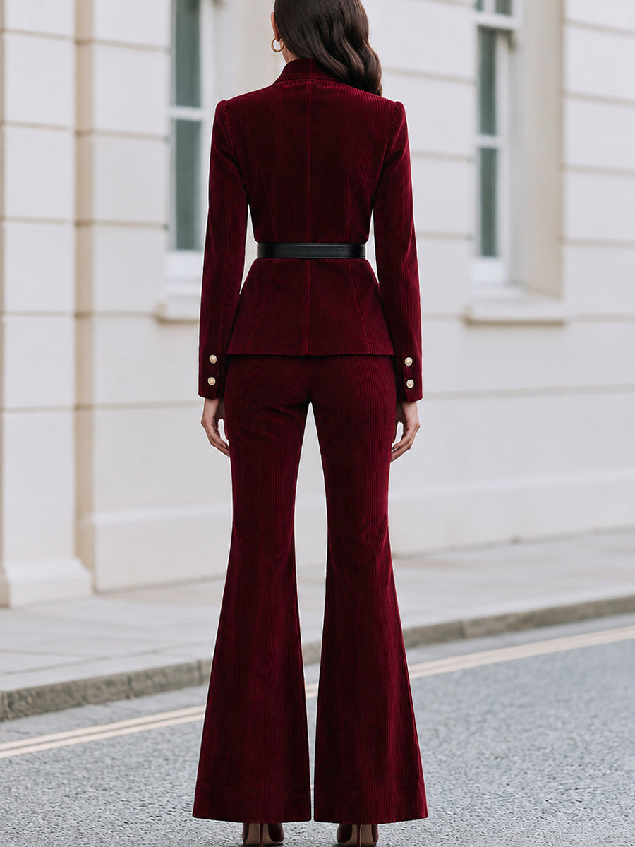 Corduroy Stand Collar Cargo Pocket Belted Jacket & Flare Pants Co-Ord Set