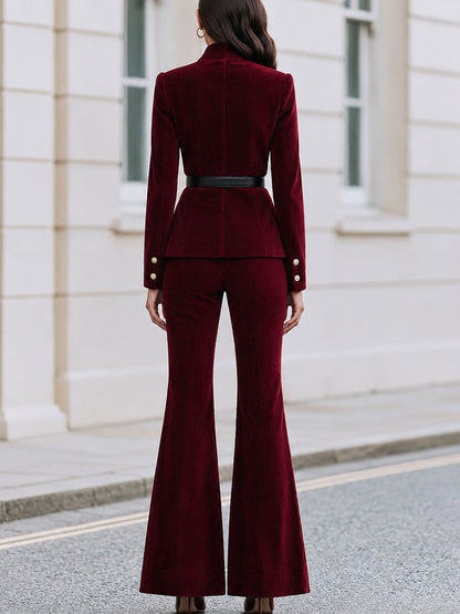 Corduroy Stand Collar Cargo Pocket Belted Jacket & Flare Pants Co-Ord Set