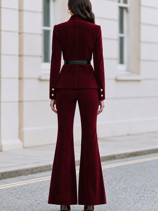 Corduroy Stand Collar Cargo Pocket Belted Jacket & Flare Pants Co-Ord Set