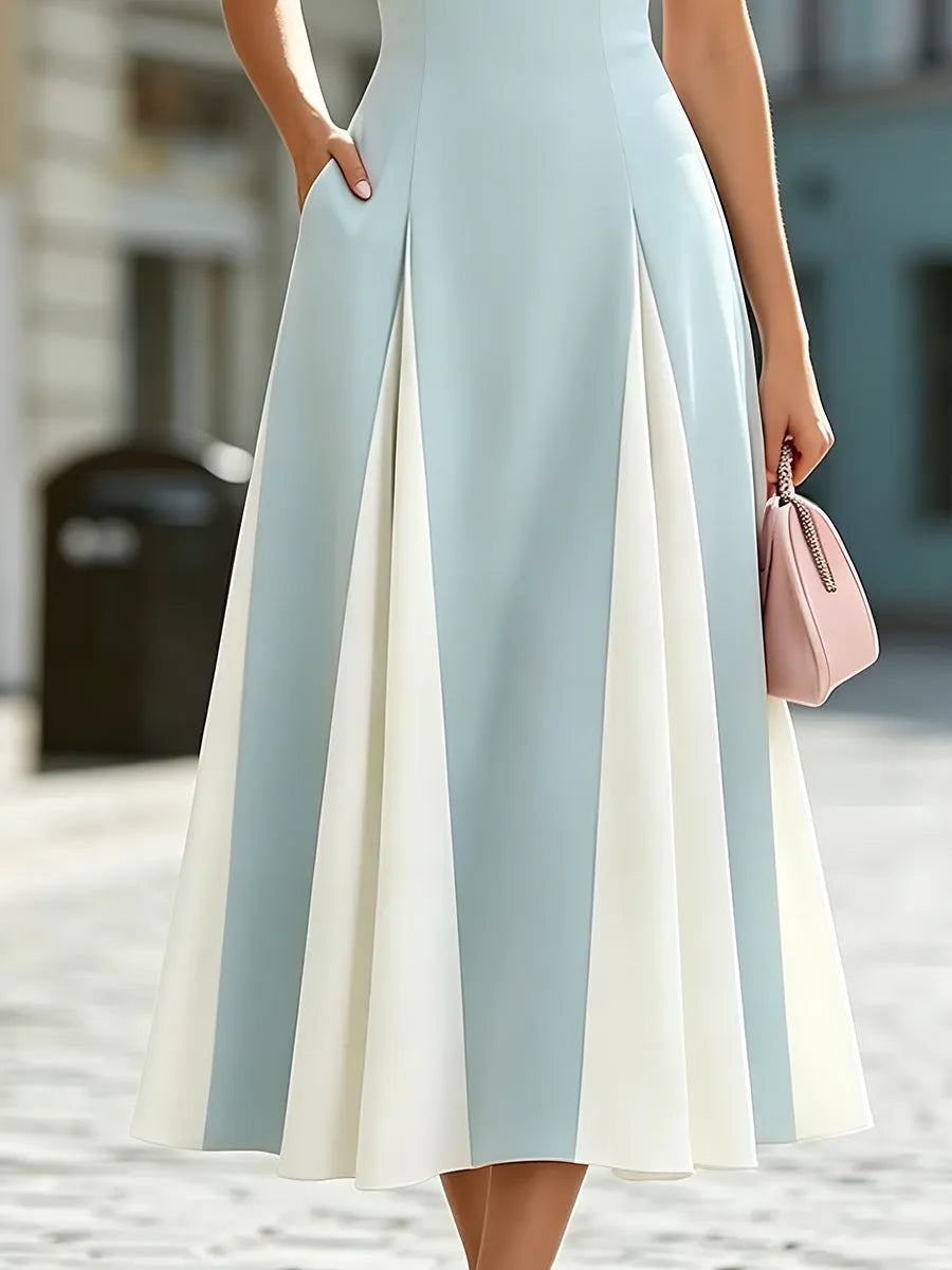 Sleeveless V-Neck Colorblock Pleated A-Line Midi Dress