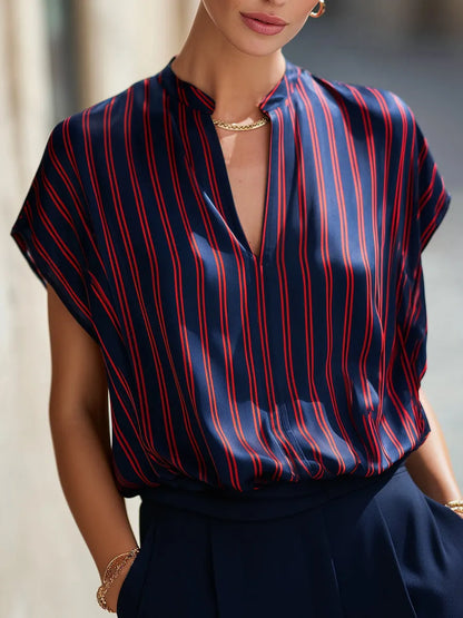 Stand Collar Split Neck Striped Satin Dolman Blouse