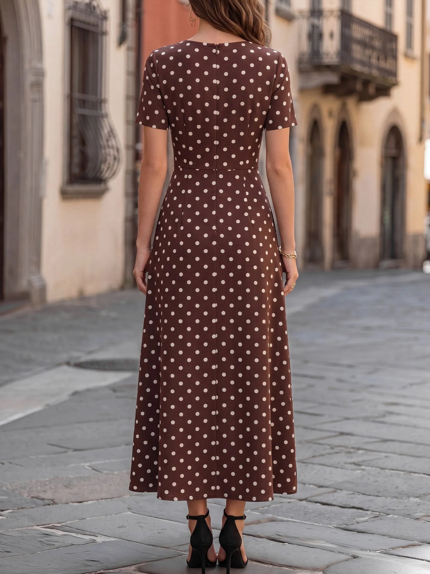 Polka Dot V-Neck Short-Sleeve A-Line Maxi Dress