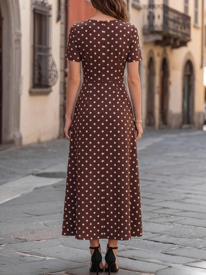Polka Dot V-Neck Short-Sleeve A-Line Maxi Dress