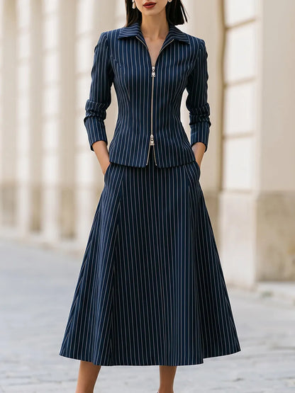 Striped Blazer And A-line Skirt Set