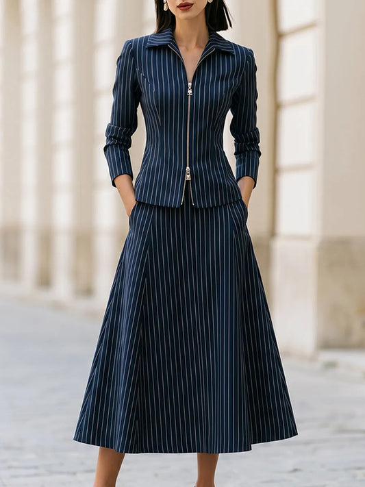 Striped Blazer And A-line Skirt Set