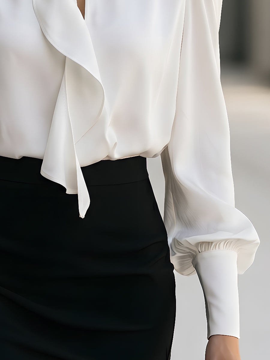 Elegant Floral Brooch Tie-Neck Puff Sleeve Blouse