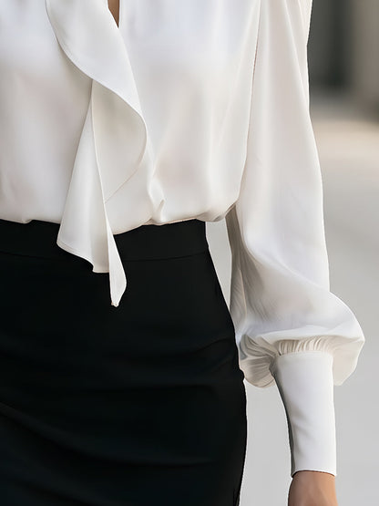 Elegant Floral Brooch Tie-Neck Puff Sleeve Blouse