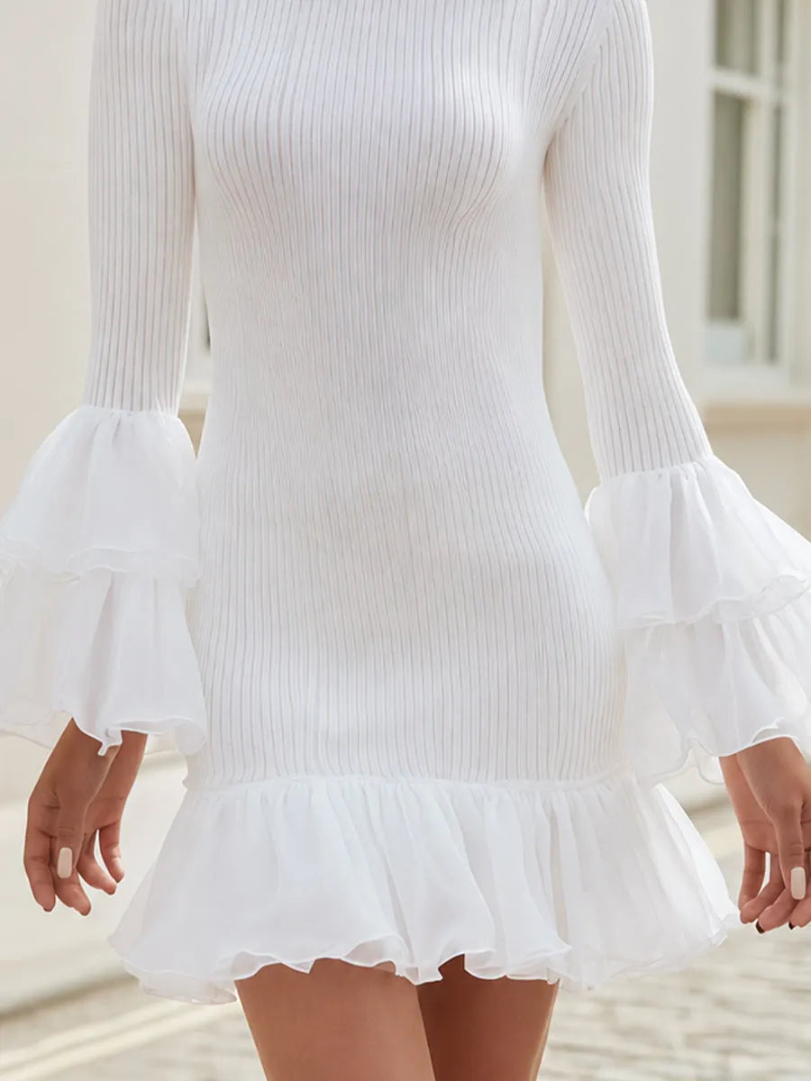 Long Sleeve Double Chiffon Flare Cuff Mini Bodycon Dress
