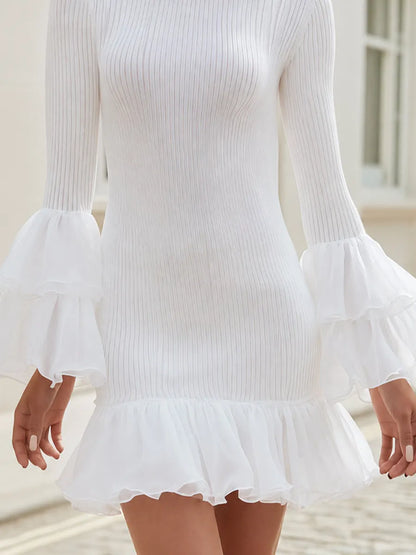 Long Sleeve Double Chiffon Flare Cuff Mini Bodycon Dress