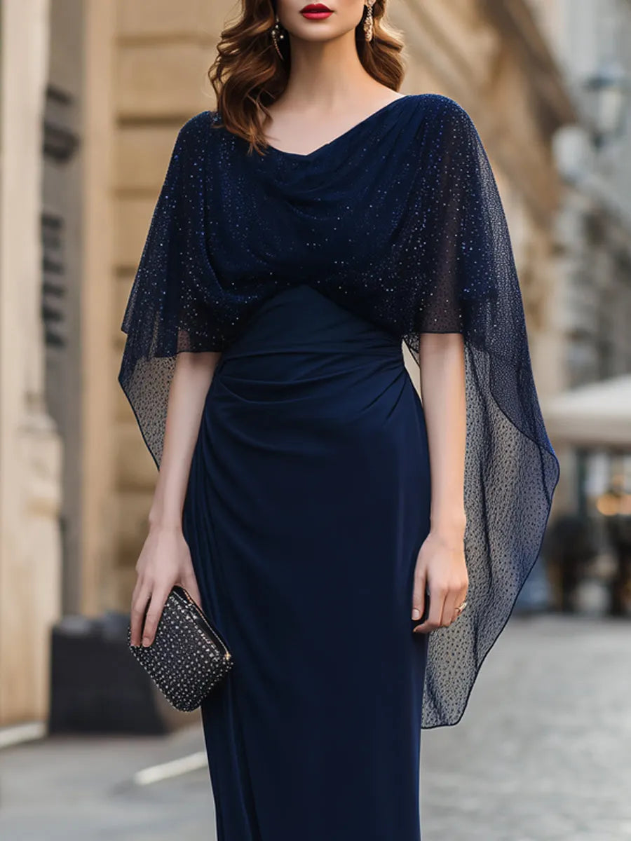 Glitter Mesh Cape Overlay Ruched Column Maxi Dress