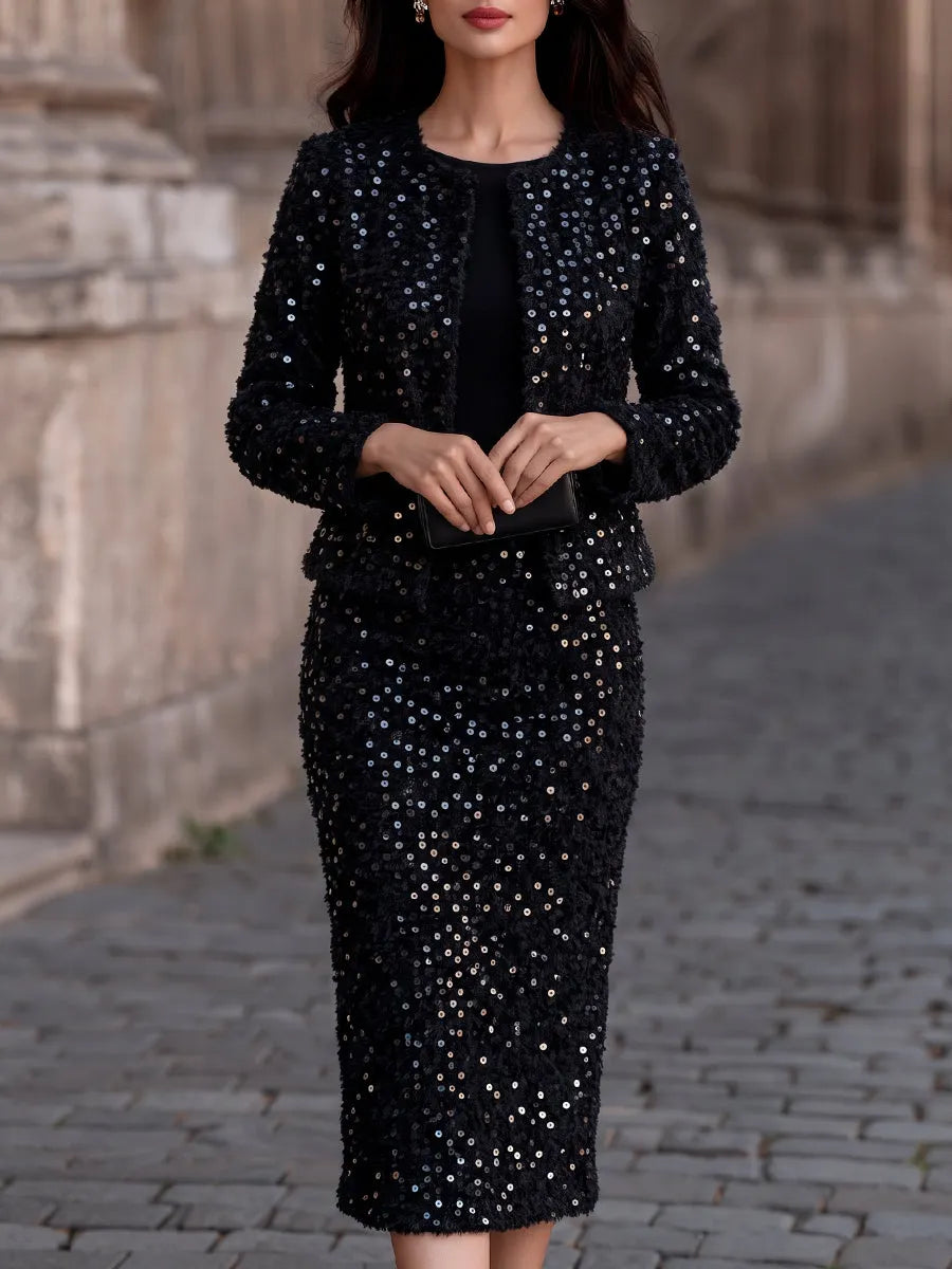 Sequin Tweed Cropped Jacket Midi Skirt Two-Piece Set