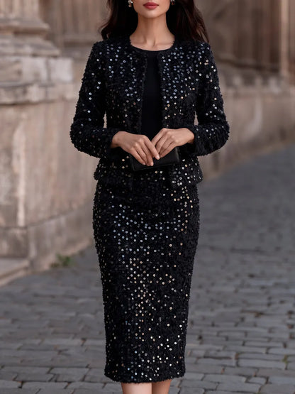 Sequin Tweed Cropped Jacket Midi Skirt Two-Piece Set